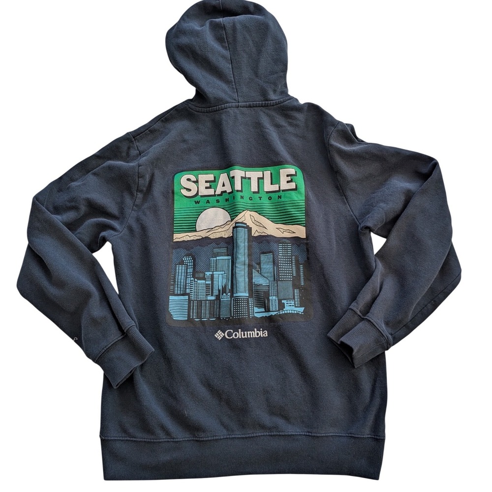 Columbia Seattle Washington Skyline Graphic Hoodie Mens MEDIUM Mt. Rainier PNW‎
